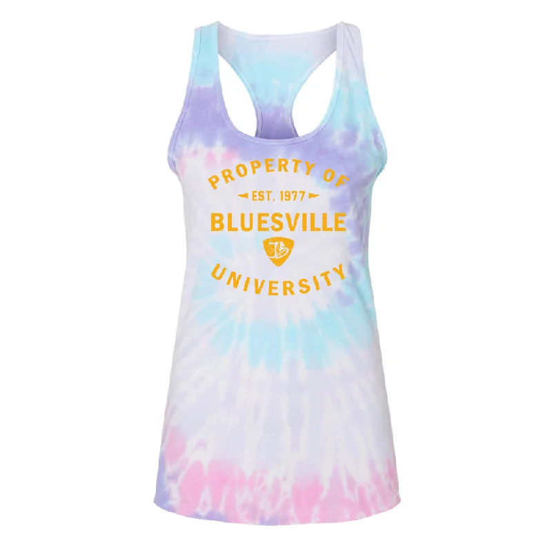 Property of Bluesville University Tie Dye Racerback Tank (Women) teal tank top