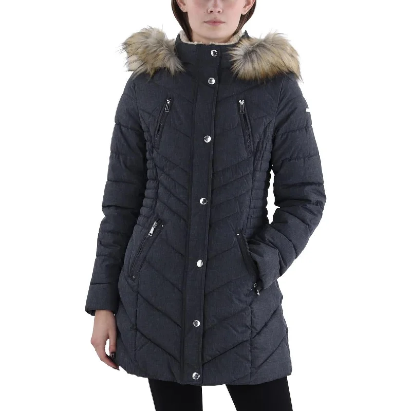 Womens Quilted Hooded Puffer Jacket Front Pockets Side Pockets Patch Pockets