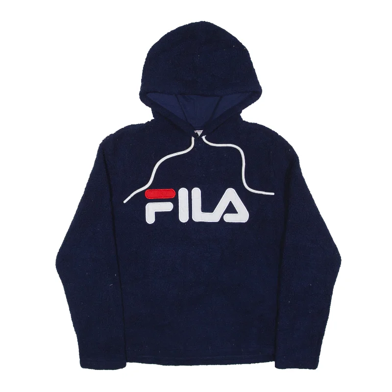 FILA Fleece Hoodie Blue Pullover Womens M Faux Fur Trim