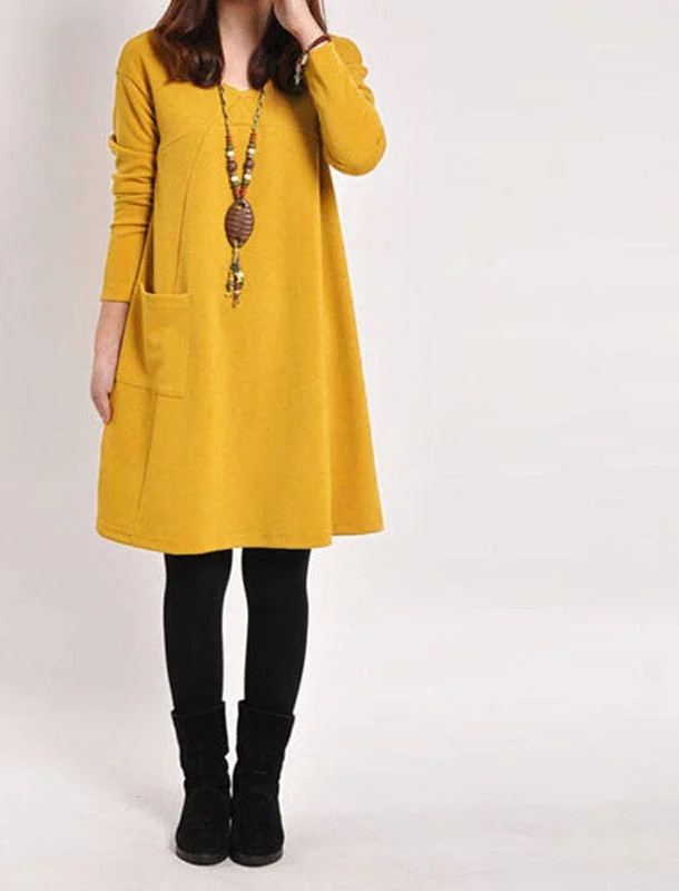 5 Color Vestidos Autumn Women Long Sleeve Pockets Dress Ladies Casual Loose Solid V Neck Dresses Plus Size 5 Color Vestidos Autumn Women Long Sleeve Pockets Dress Ladies Casual Loose Solid V Neck Dresses Plus Size