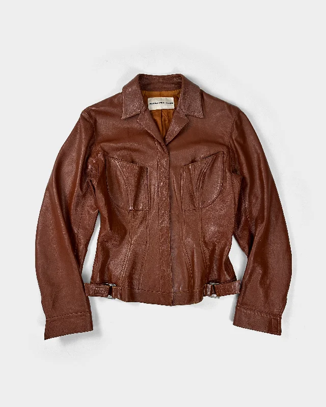 Mugler Brown Leather Fitted Jacket 2000's Ribbed Jacket Pleated Jacket Ruffled Jacket