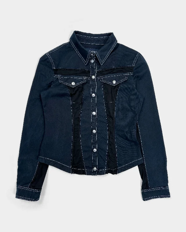 Armani Mesh Applications Dark Denim Jacket 2000's Denim Fabric Leather Fabric Suede Fabric
