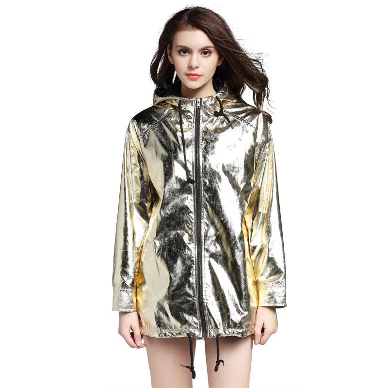 Punk Metallic Style Women Jacket Hooded Pocket Zipper Long Loose Casual Gold Rock Coat Appliqued Jacket Beaded Jacket Sequined Jacket