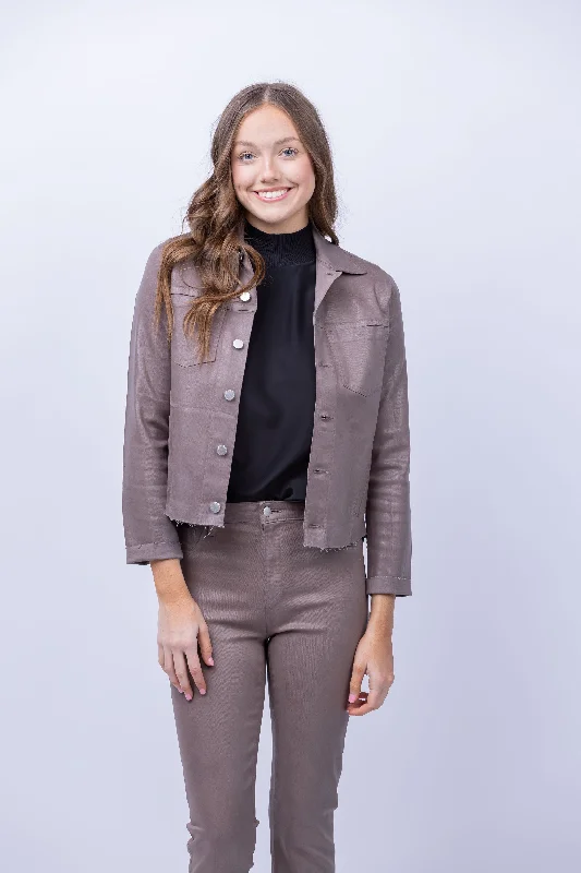 L'AGENCE Janelle Slim Raw Jacket in Deep Taupe Coated V-Neck Jacket Boat Neck Jacket Square Neck Jacket