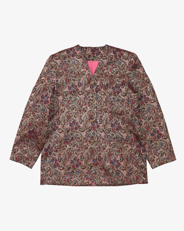 1990s Burgundy Gold Lame Floral Party Jacket - M Jacket Blazer Coat
