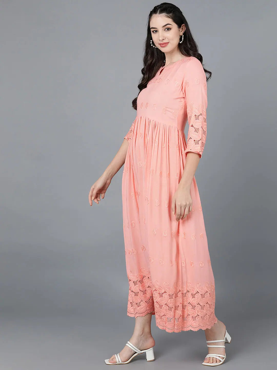 Ahika Women Peach Viscose Rayon Embroidered Dress
