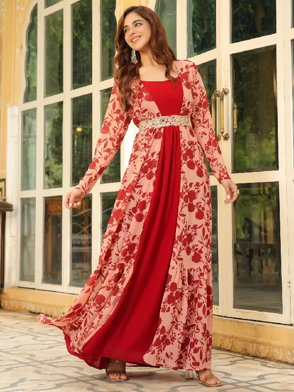 Janasya Maroon Georgette Solid Dress & Jacket Embroidered Jacket Appliqued Jacket Beaded Jacket