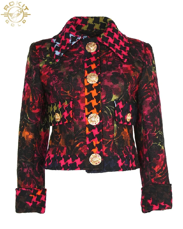 CHRISTIAN LACROIX MULTICOLOURED Damask & HOUNDSTOOTH WOOL JACKET - S Embroidered Jacket Appliqued Jacket Beaded Jacket