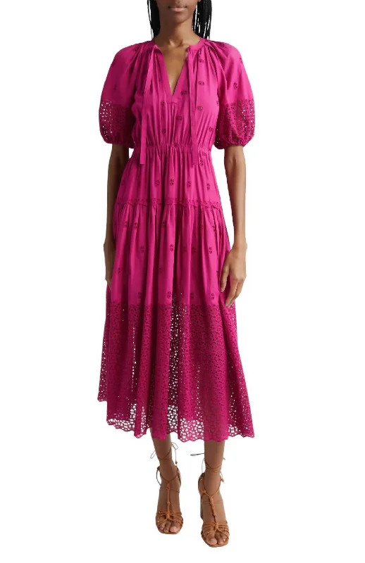 Nova Eyelet Puff Sleeve Dress In Ruby