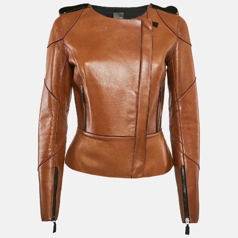 Fendi Brown Leather Zip-Up Jacket M Fitted Jacket Loose Jacket Oversized Jacket