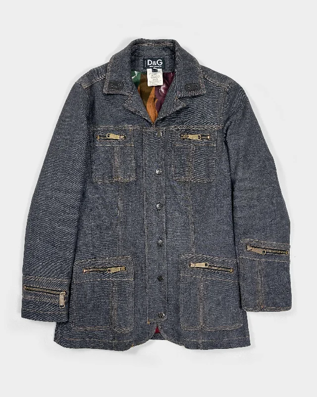 Dolce Gabbana 6-Zip Dark Denim Long Jacket 2000's V-Neck Jacket Boat Neck Jacket Square Neck Jacket