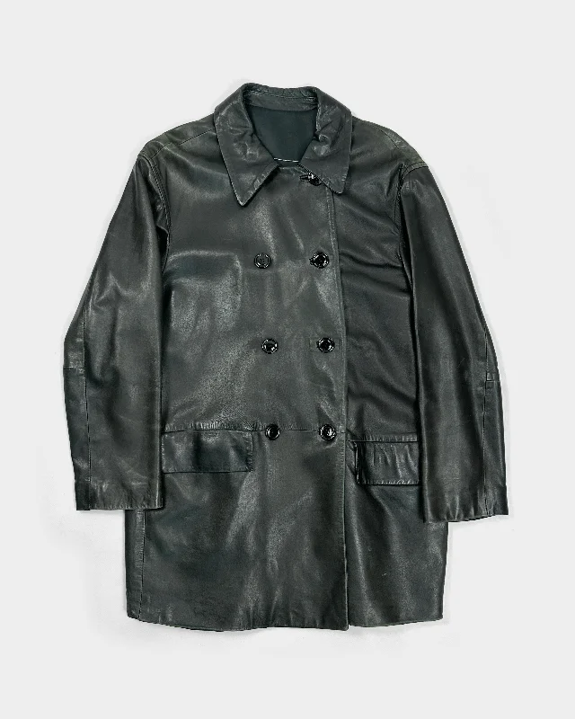 Iceberg Black Soft Leather Cross Long Jacket 2000's Lace Jacket Ribbed Jacket Sequined Jacket