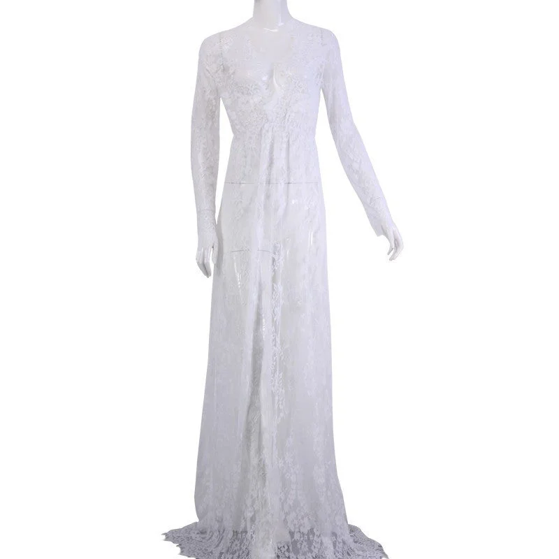 Maxi Plus Size Women Floor-Length Black White Autumn Lace Dress Adjust Waist See Through Floral Vestido DR5046