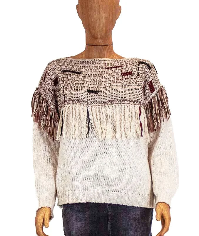 Fringe Pullover Sweater Boat Neck Sweater
