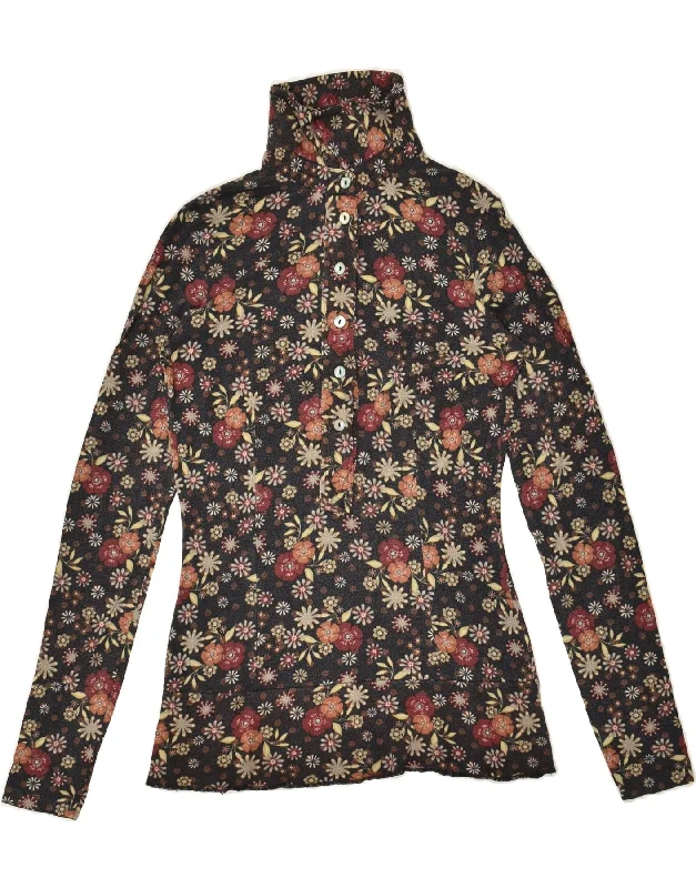 BENETTON Womens Pullover Shirt UK 2 2XS Black Floral Ruffled Neck Pullover