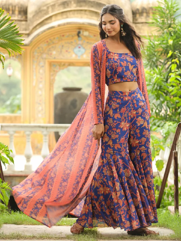 Janasya Navy Blue Georgette Floral Top,Bottom & Jacket Striped Jacket Polka Dot Jacket Floral Jacket