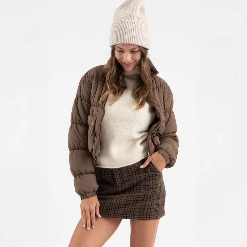 Cropped Puffer Jacket A-Line Jacket Boat Neck Shawl Collar