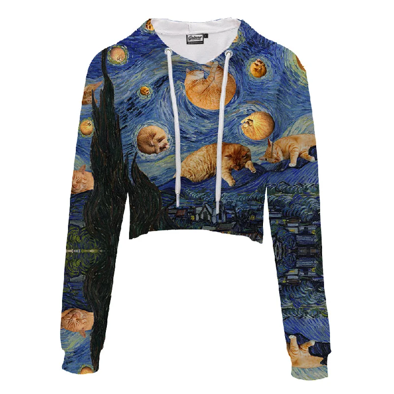 Van Gogh The Kitty Night Crop Hoodie Hoodie with Toggle Buttons Decorative Unique