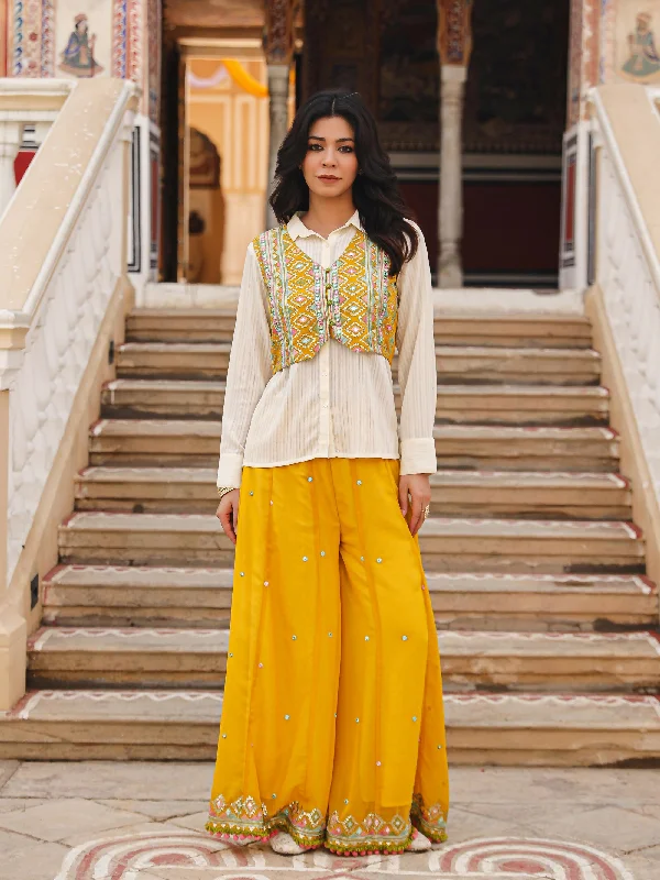 Juniper Women's Mustard Thread Embroidered Georgette Shirt Jacket & Palazzo Set With Mirror Work & Sequins Denim Fabric Leather Fabric Suede Fabric