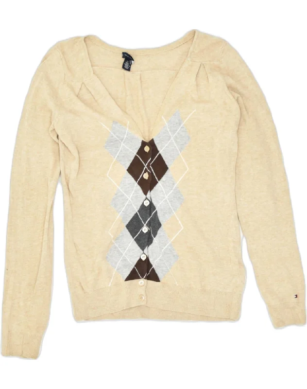 TOMMY HILFIGER Womens Cardigan Sweater UK 10 Small Brown Argyle/Diamond Cashmere Blend Cotton Blend Poly Blend TOMMY HILFIGER Womens Cardigan Sweater UK 10 Small Brown Argyle/Diamond Cashmere Blend Cotton Blend Poly Blend