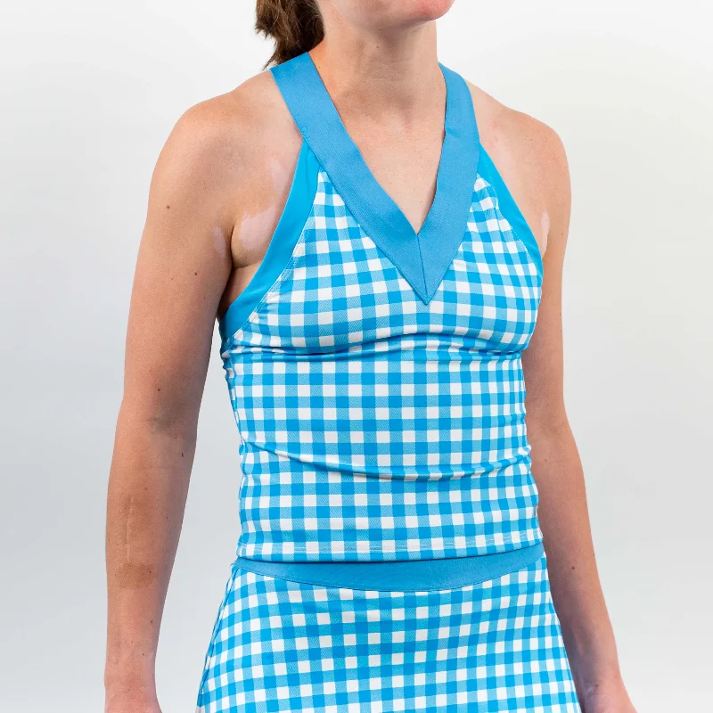 Dreamer Criss Cross Midi Tank Bonnie Blue Gingham silver tank top