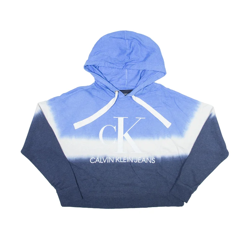 CALVIN KLEIN Oversized Cropped Tie Dye Hoodie Blue Pullover Womens S Chenille Soft Sweater