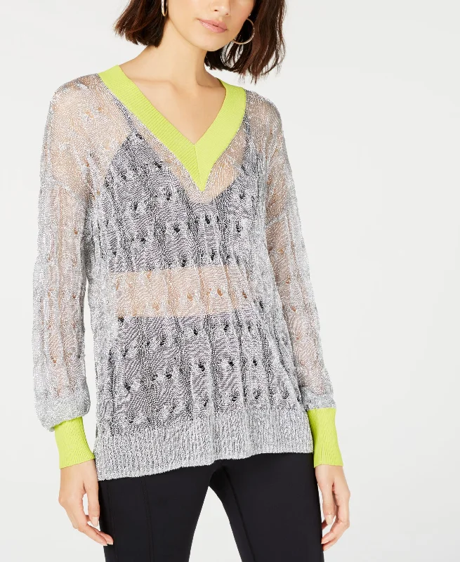 Bar III Metallic Pullover Sweater Ruffle Sleeve Feminine