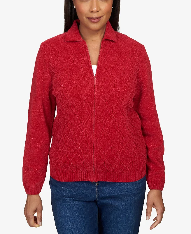 Petite Classics Chenille Zip Front Cardigan Sweater Stylish Fashionable Trendy