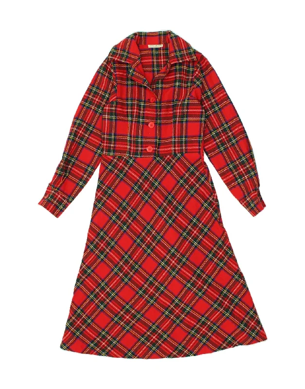 VINTAGE Womens Long Sleeve Pullover Shirt Dress IT 40 Small Red Plaid Faux Fur Trim