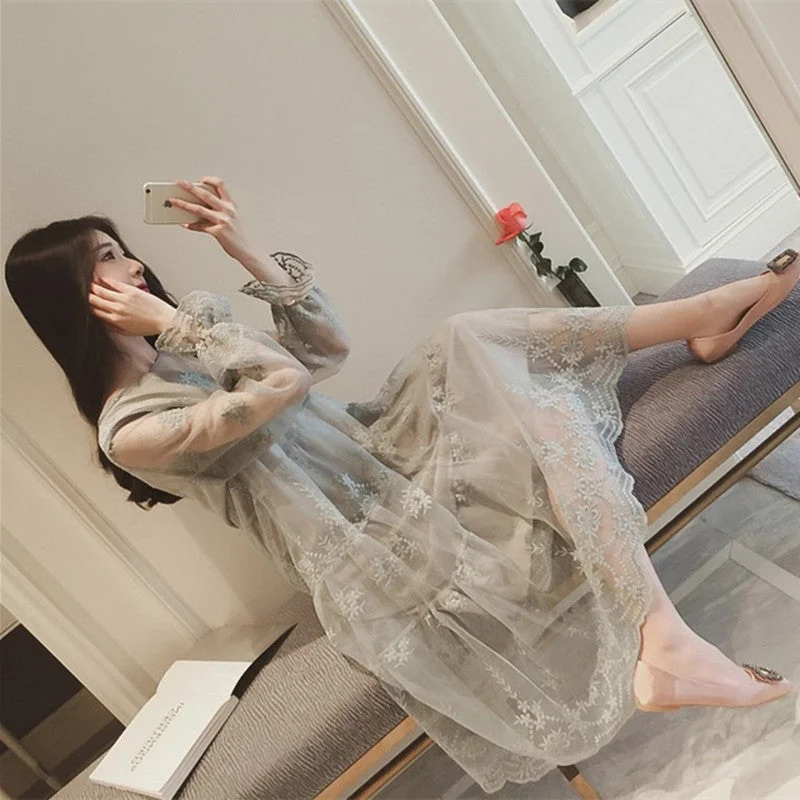 Dress Korean Fashion Ladies Crochet Organza Long Dresses Casual Pregnant Women Dress Plus Size Dress Korean Fashion Ladies Crochet Organza Long Dresses Casual Pregnant Women Dress Plus Size