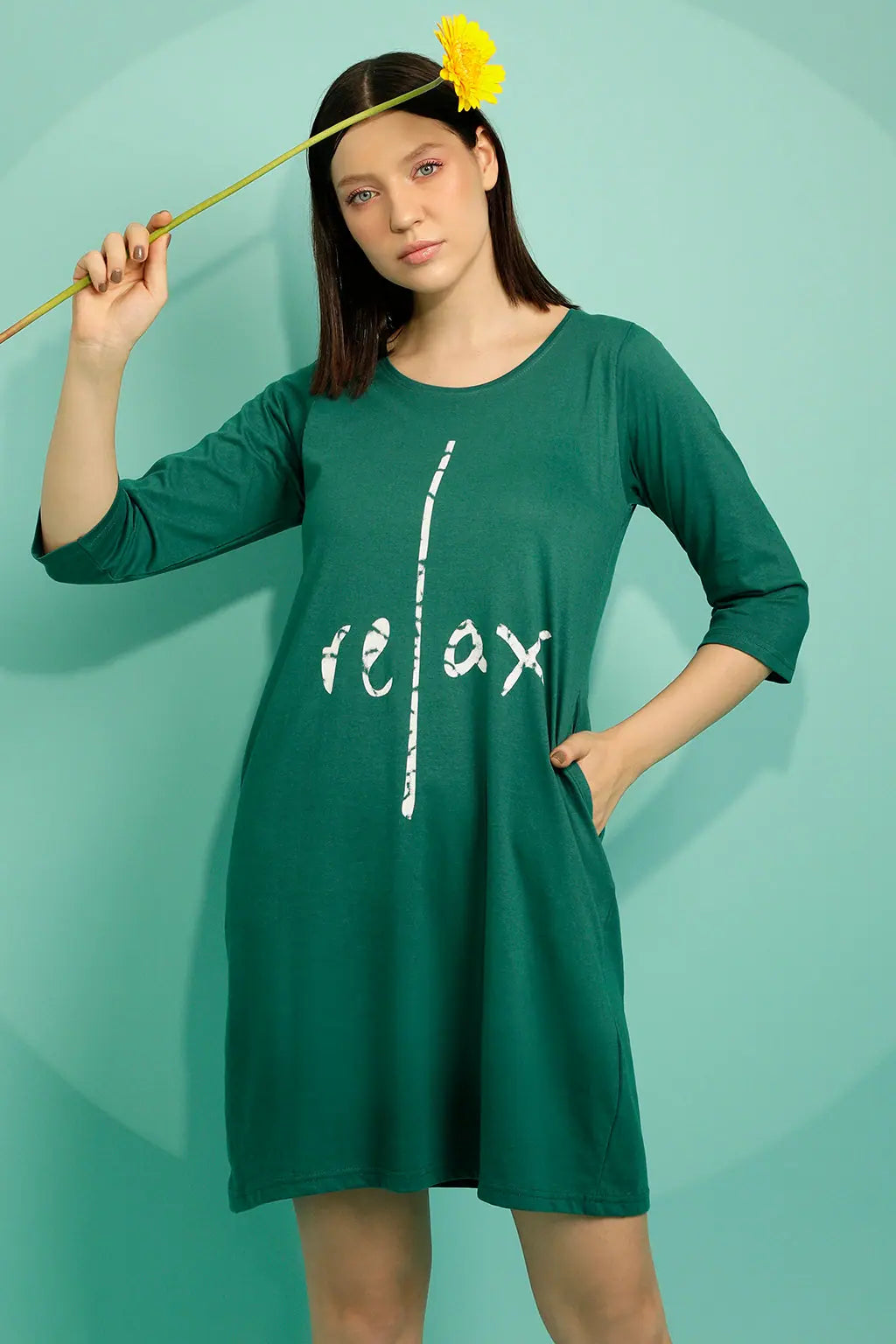 Text Print Short Night Dress in Teal Green - 100% Cotton