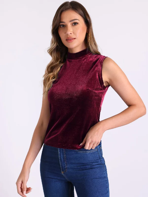 Mock Neck Velvet Sleeveless Solid Color Tank Top low neck tank