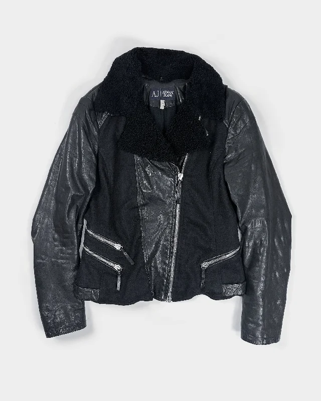 Armani 2-Pieces Black Leather Biker Jacket 1990's Faux Fur Jacket Real Fur Jacket Shearling Jacket