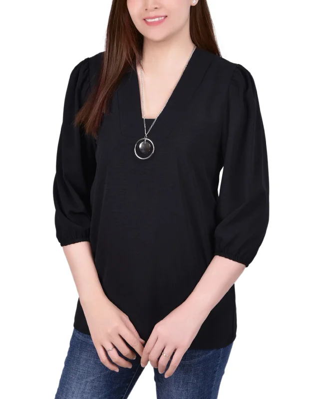Petite Balloon Sleeve Pullover with Necklace Lapel Neck Sweater