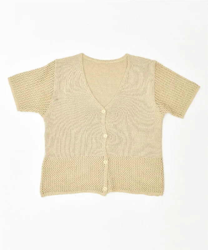 VINTAGE Womens Short Sleeve Cardigan Sweater UK 16 Large Beige Collared Crew Neck Turtle Neck VINTAGE Womens Short Sleeve Cardigan Sweater UK 16 Large Beige Collared Crew Neck Turtle Neck