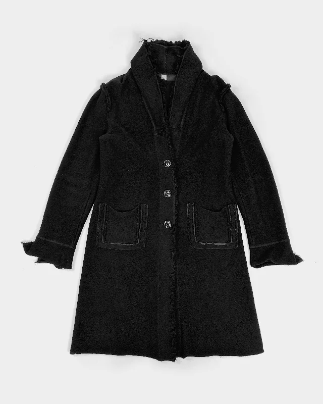 Marithé Francois Girbaud Black Distressed Long Jacket 2000's A-Line Jacket Boat Neck Shawl Collar