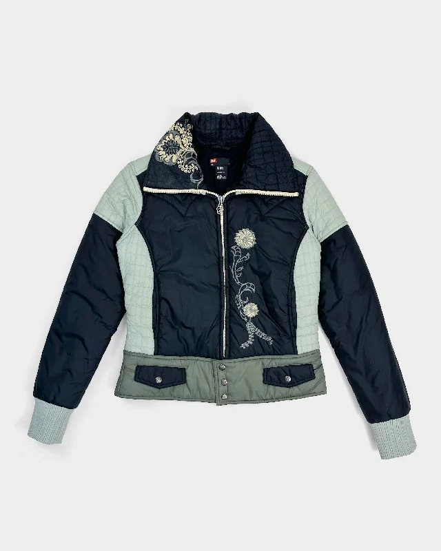 Diesel Flower Stitched Blue Jacket 2000's Snapped Jacket Toggled Jacket Drawstring Jacket