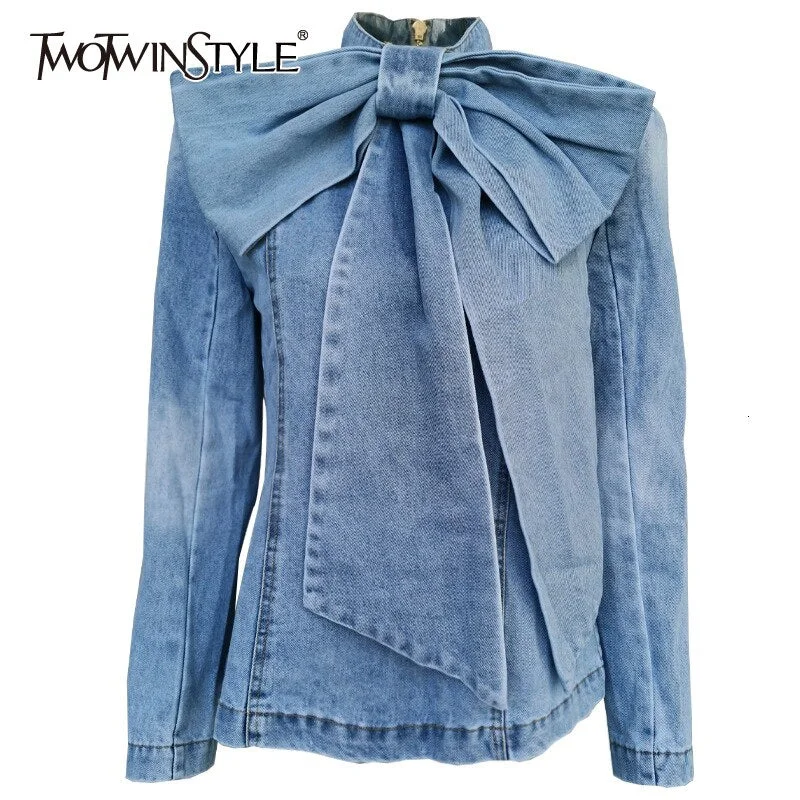 TWOTWINSTYLE Patchwork Bow Denim Women's Jacket Stand Collar Long Sleeve Vintage Ruched Jackets For Female 2019 Fashion Clothing Denim Fabric Leather Fabric Suede Fabric