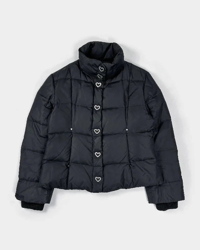 Moschino Silver Hearts Black Puffer Jacket 2000's Fleece Jacket Down Jacket Parka
