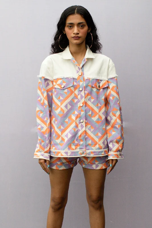 Geometric Print Denim Jacket with fray detailing Cardigan Sweater Pullover