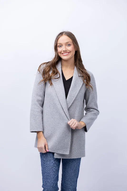 Theory Clairene Double-Face Wool-Cashmere Jacket in Melange Grey Zippered Front Buttoned Front Snap Front