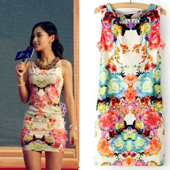 2015 Fashion Women Floral Print Sleeveless Clubwear Party Summer Dress