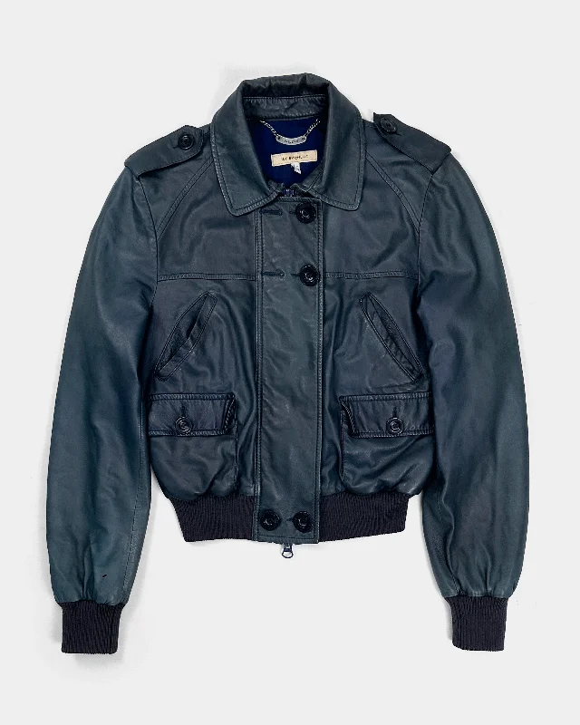 See by Chloé Leather Bomber Deep Green Jacket 2000's Stand-Up Collar Roll-Neck Collar Turtle Neck
