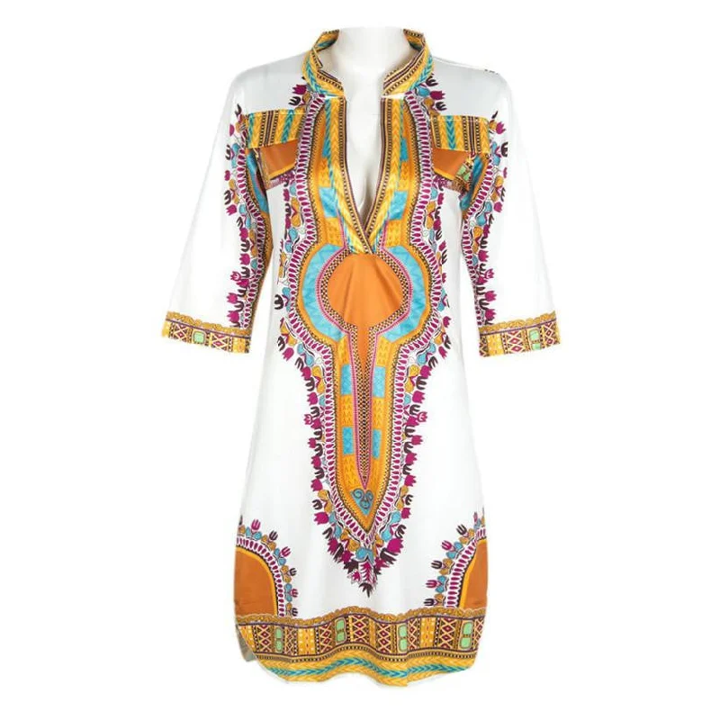 Women Summer Casual Deep V-Neck Traditional African Dashiki Print Knee Dress