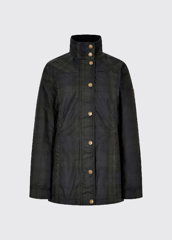 Annestown Wax Jacket - Black Watch A-Line Jacket Boat Neck Shawl Collar