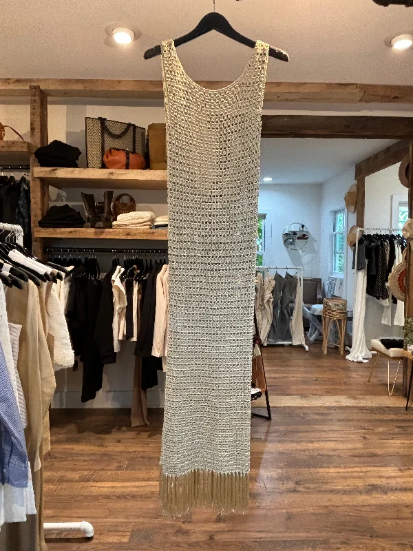 S-Mode High Neck Dress with Fringe in Champagne