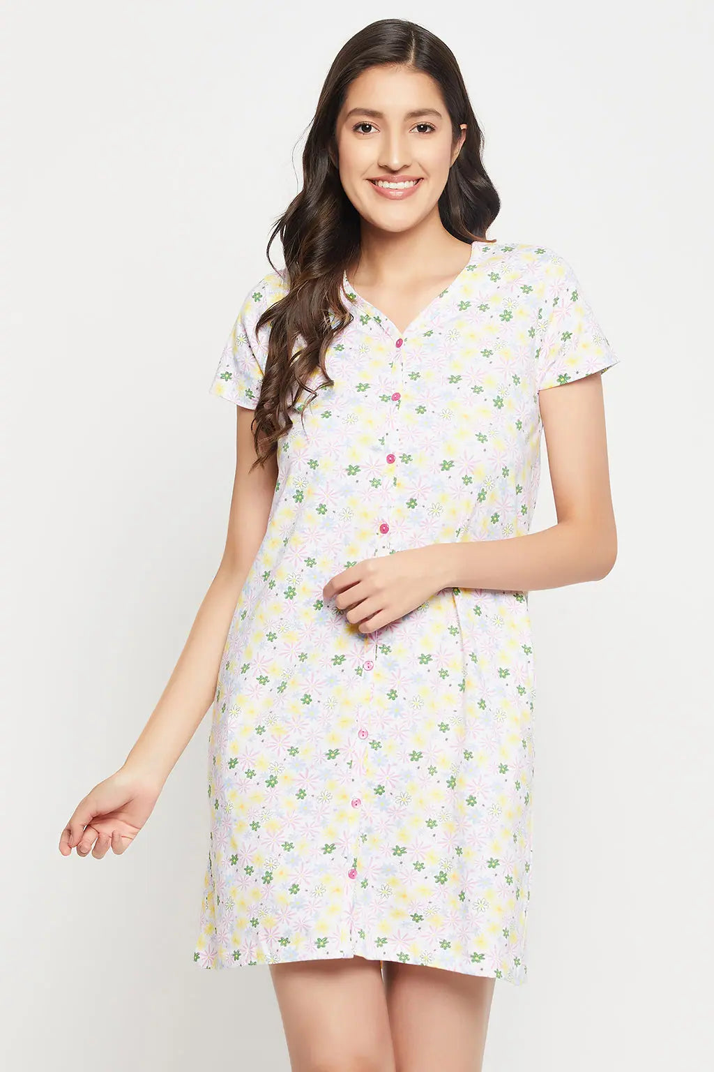 Pretty Florals Button Down Night Dress in White - 100% Cotton