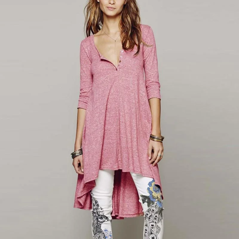Women Casual Loose Cotton Half Sleeve V Neck Button Irregular Hem Solid Dress Plus Size Tee Top Women Casual Loose Cotton Half Sleeve V Neck Button Irregular Hem Solid Dress Plus Size Tee Top
