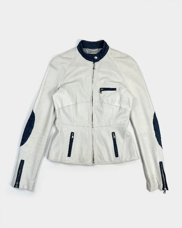 Armani White Leather + Denim Jacket 1990's Zippered Front Buttoned Front Snap Front
