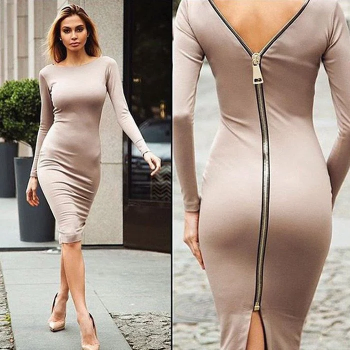 Autumn Maxi Simple Round Collar Knee-Length Elegant Dress Long Sleeve Full Zipper Tight Design Fitted Dresses Women Vestido Autumn Maxi Simple Round Collar Knee-Length Elegant Dress Long Sleeve Full Zipper Tight Design Fitted Dresses Women Vestido